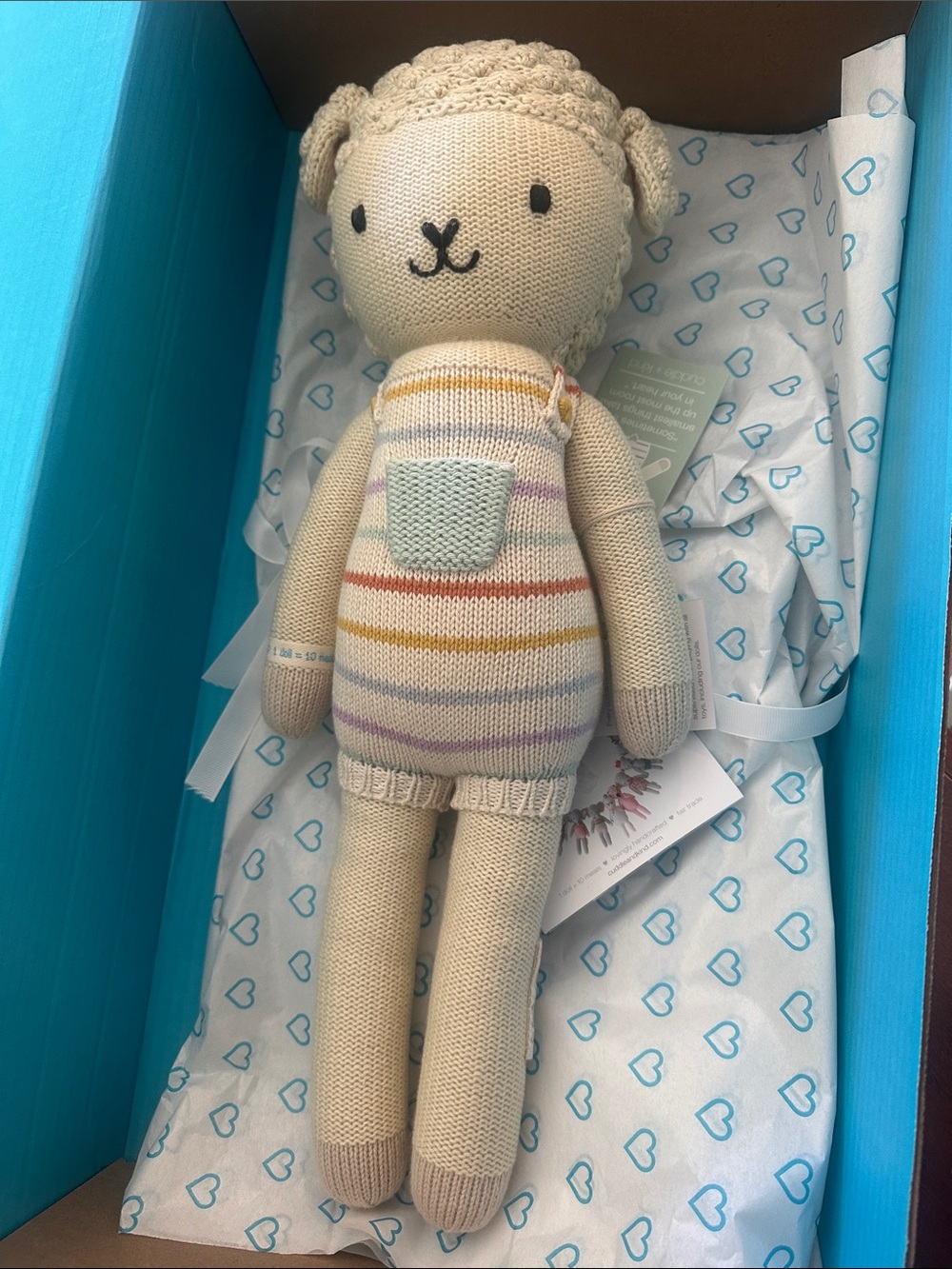 Hand-Knit Cream Lamb Doll with Pastel Stripes - Kids Toy. NWT